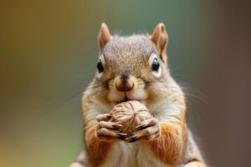 Curious squirrel holding a nut with its tiny paws - obrazy, fototapety, plakaty