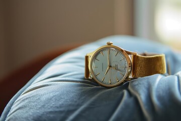 Elegant gold wristwatch on a soft velvet cushion