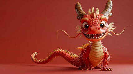 A playful red dragon cartoon character with a whimsical expression, standing against a vibrant red background, perfect for engaging children's content