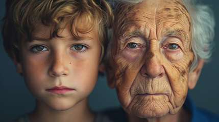 abstract photo showing age, reality of life,  yesterday and tomorrow, younghood and old age, young boy with old man - obrazy, fototapety, plakaty