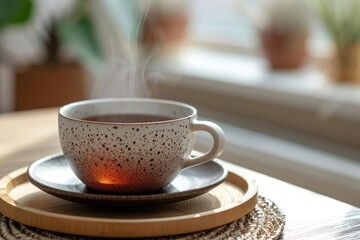 Fototapeta premium Fresh cup of steaming black tea in a porcelain cup