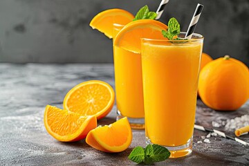 Fresh orange juice in a tall glass with a straw