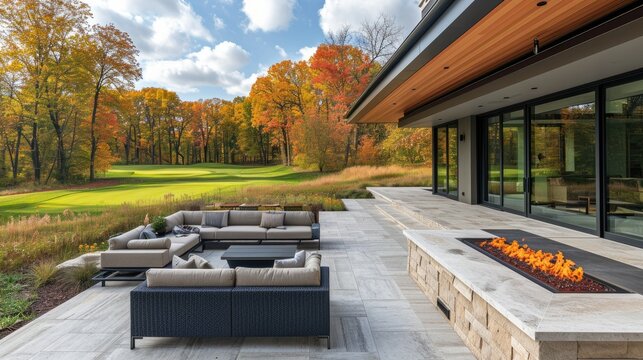 contemporary patio furniture, with a firepit, background is a golf course  