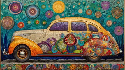 vintage car with graffiti painted on the side, chinese folk art drawing  