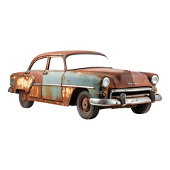 Fototapeta premium Old abandoned rusty vintage car isolated on white background, PNG object