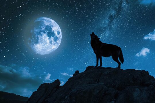 Lone wolf howling at the moon on a starry night