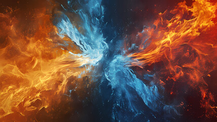 Abstract illustration representing fire and ice colliding into one another, digital art background or wallpaper