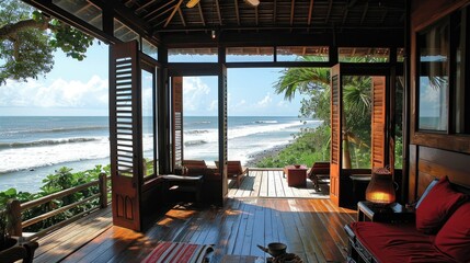 Fototapeta premium interior view of a patio, beach house, tall louvered windows, timber ceilings, timber columns, wood floor 