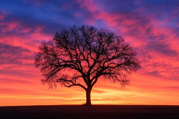 Obraz premium Lonely tree silhouetted against a vibrant sunset sky