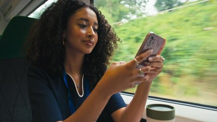 Female doctor or nurse wearing uniform commuting sitting by window on moving train drinking from reusable cup using mobile phone - shot in slow motion