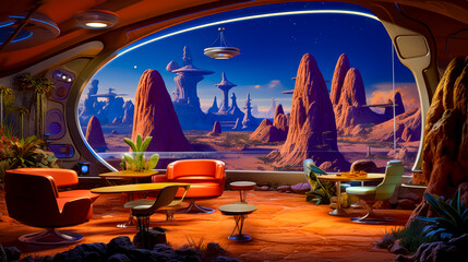 Futuristic living room with view of the mountains and distant city.