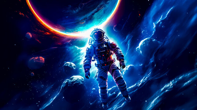 Man in space suit standing in front of planet with clouds.
