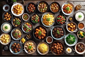 Culinary Symphony: Top-View of an Assortment of Delicious Cooked Meals Neatly Arranged on a Rustic Wooden Table