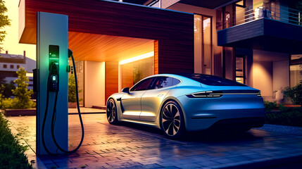 Electric car is parked in front of house with gas pump. - Powered by Adobe