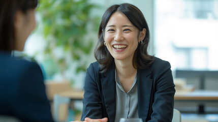 Japanese Businesswoman in Job Interview: Candid Meeting, Recruitment Talk, Manager and Candidate Discussion, Happy HR Management Interaction, Middle Aged Professional Negotiation, Business People Enga - Powered by Adobe