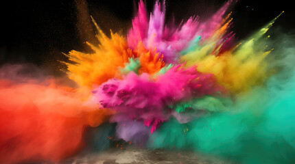 Explosion of multi-colored powder paint. Pink, blue, blue, red, orange, purple, green. Chalk, pastel. Holi festival of colors in India. Dark background in the studio.