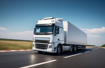 White powerful large industrial semi-trailer tractor carrying cargo on a semi-trailer walking on a divided road
