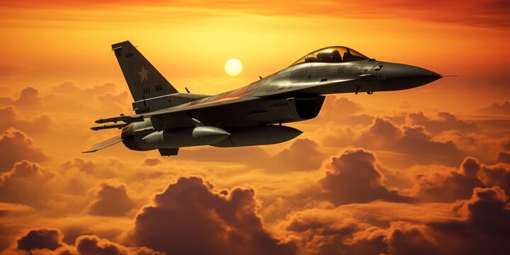 F16 military fighter airplane flying against sunset sky. Military aviation aircrafts and war missiles industry.