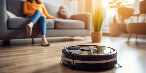 robot vacuum cleaner in modern smart home, robotic vacuum cleaner on wooden floor, Robot vacuum cleaner cleaning dust on tile floors. Modern smart cleaning technology housekeeping.