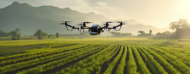 Papier Peint photo Lavable Prairie, marais Modern technologies in agriculture. An industrial drone flies over a green field and sprays useful pesticides to increase productivity and destroys harmful insects. increase productivity