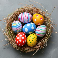 Obraz premium Colorful decorated by children in spots and stripes bright easter eggs