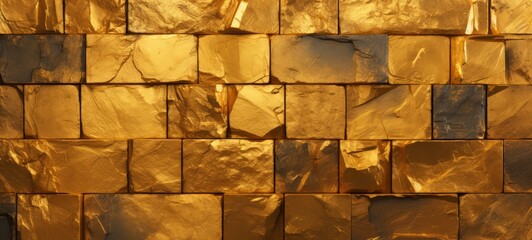 Wall of Gold rock bricks texture banner wallpaper. Gold Bricks wall texture. Horizontal photo. For...
