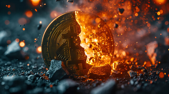 btc breaking with an explosion, end of bitcoin, bitcoin halving 2024, breaking bitcoin in half, halving concept, btc breaking