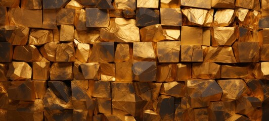 Gold rock bricks texture. Gold Bricks texture banner wallpaper. Crushed Bricks wall texture. Horizontal photo. For banners, posters, advertising.