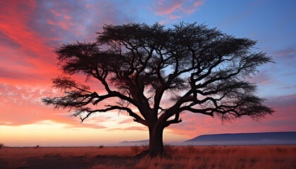 Fototapeta na wymiar Silhouette of acacia tree against orange sunset sky generated by AI