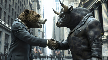  bull market making deal with bear market, no movement in market, stable market, crypto finance forex stock market bull fighting the bear