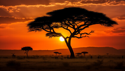 Fototapeta na wymiar Silhouette of acacia tree in African sunset generated by AI