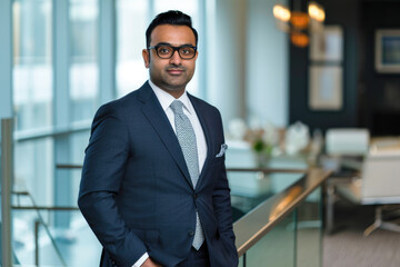 Professional headshot with a modern twist. a 45-year-old South Asian man dressed in a sharp suit standing confidently in an elegant office setting - Powered by Adobe