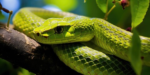 Obraz premium Green venomous snake on the tree