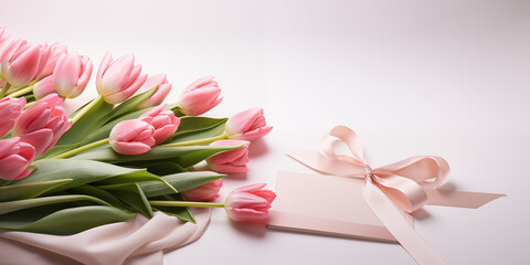 A postcard with a bouquet of pink tulips on a light pink background. Generative ai 