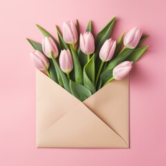 Fresh tulips in a craft envelope on a pink background