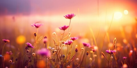 A beautiful meadow with wildflowers on the background of the sunset sky. Wild grass and flowers.