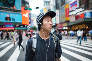 a modern urban explorer in a candid wide-angle shot. a young Asian man, stylishly dressed in streetwear, with headphones in his ears, walking through a busy intersection in the city.