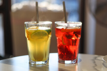 two glasses of hot fruit tea, fortification in winter