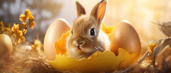 Cute easter bunny in hatched easter egg