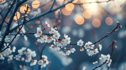Bokeh, color fading and white branches with white flowers