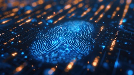 A vibrant blue holographic fingerprint on a dark digital background, symbolising high-tech biometric security