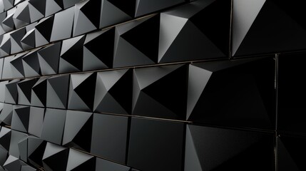Fototapeta premium Polished, glossy wall background with tiles. Triangular, tiled wallpaper with 3D, black blocks