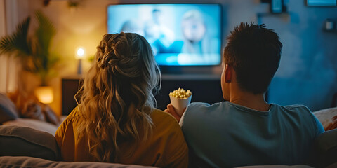 young couple enjoying movie, movie night, romantic, valentines day indoor date