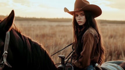 A portrait of a brunette girl in a cowboy hat riding a horse, with the prairie in the background.