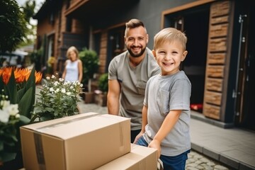 A child with his father and delivery of orders. Home business, shipping orders. Logistics industry. Freight transportation. Last-mile delivery services. House moving.
