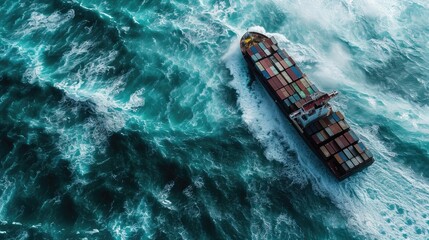 A container ship caught in a storm in the middle of the ocean, view from above. Highly volatile markets. Unstable situation in the economy. Avoid a crisis.