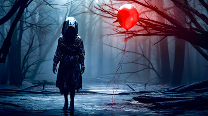 Person in hooded jacket holding red balloon in dark forest.