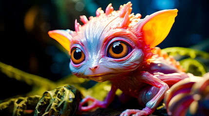 Naklejka premium Close up of small toy animal on tree branch with blurry background.