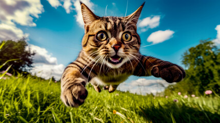 Cat that is jumping in the air with its paws out and eyes wide open.