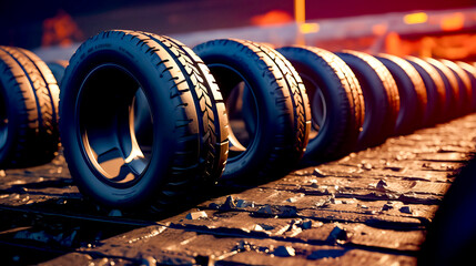 Row of tires sitting next to each other on top of sidewalk. - Powered by Adobe